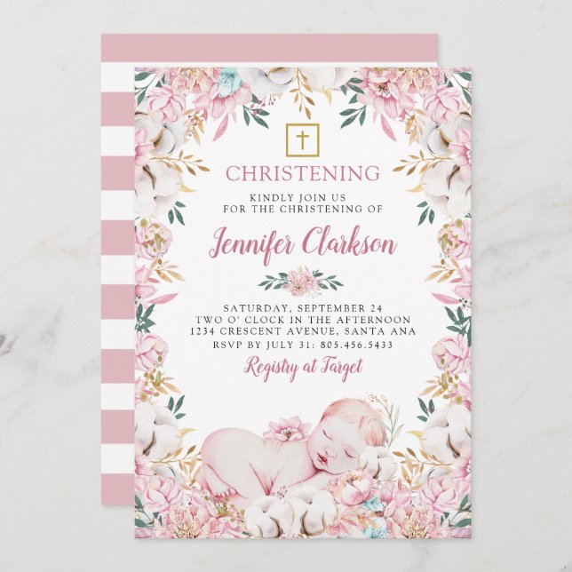 Convite Newborn Floral Christening (Frente/Verso)