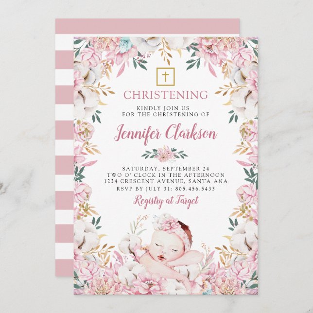 Convite Newborn Floral Christening (Frente/Verso)