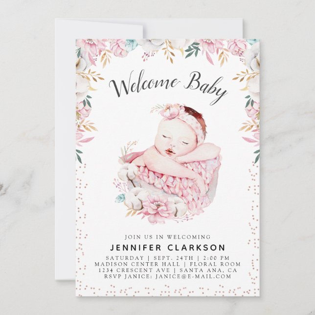 Convite Newborn Floral Welcome Baby (Frente)