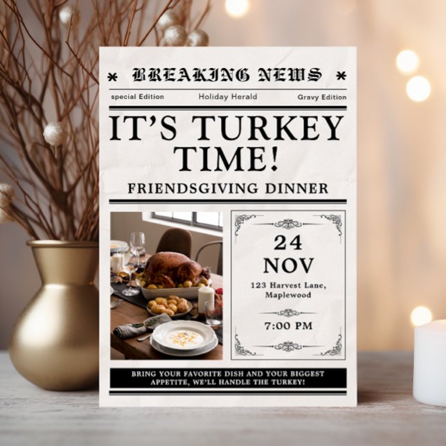 Convite Newspaper Friendsgiving Dinner Thanksgiving Fall (thanksgiving invitations dinner friendsgiving party feast rustic fall leaves newspaper style vintage)