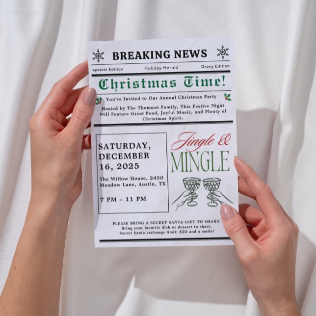 Convite Newspaper Jingle and Mingle Cocktail Christmas  (newspaper jingle and mingle christmas invitations exchange christmas cocktail party white elephant )