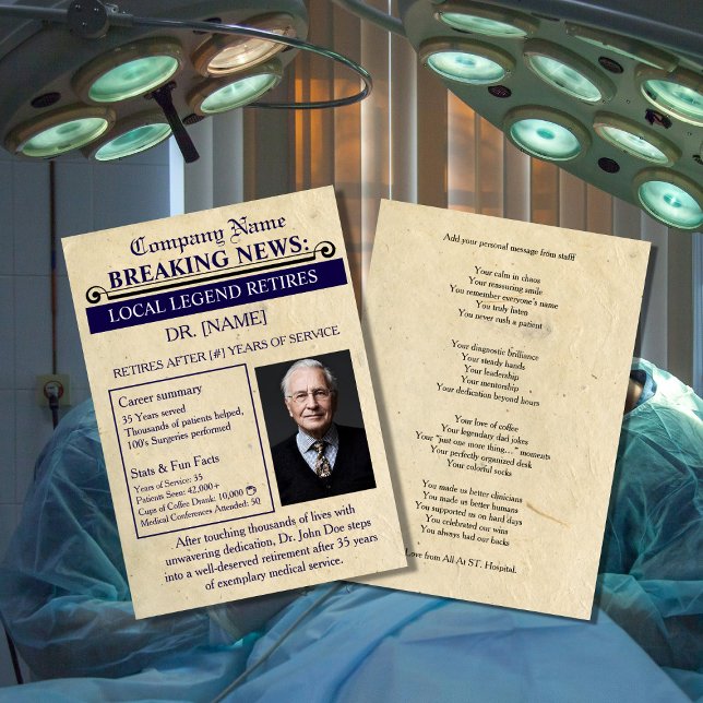 Convite Newspaper Style Doctor Retirement Card | Custom (Criador carregado)