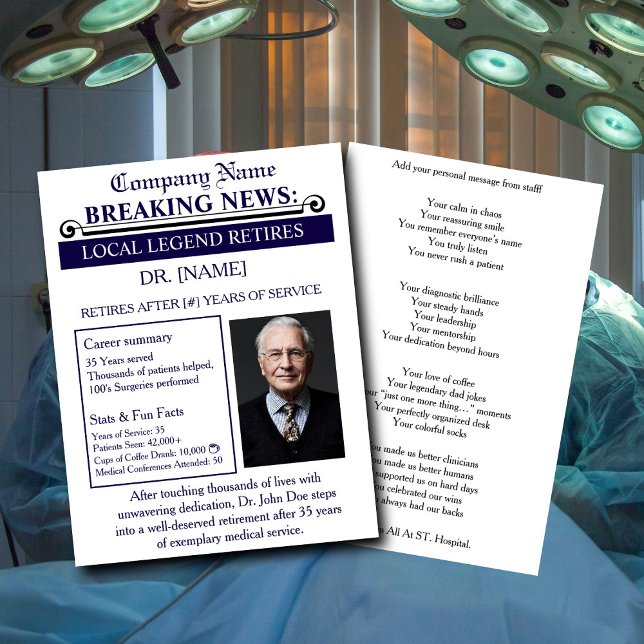 Convite Newspaper Style Doctor Retirement Card | Custom (Criador carregado)