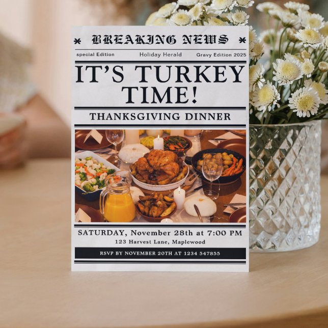 Convite Newspaper Thanksgiving Dinner Fall  (newspaper invitations unique fun classic vintage black and white)