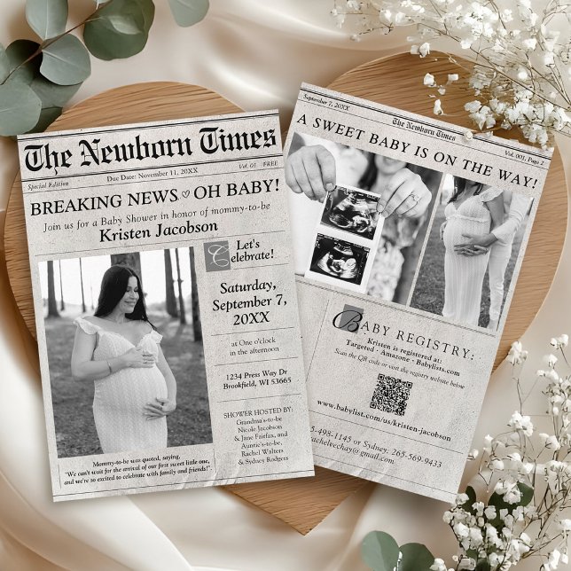 Convite Newspaper Theme Photo Baby Shower Invitation (Cute modern The Newborn Times newspaper photo theme black and quite QR code baby shower invitation)
