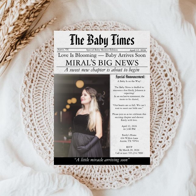 Convite Newspaper Unique Fun Photo aesthetic Baby Shower (Criador carregado)