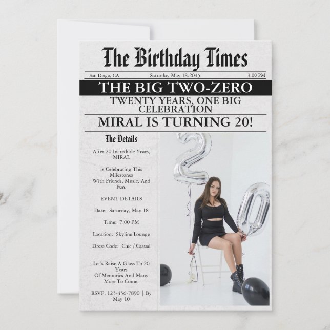 Convite Newspaper Unique Fun Photo Girl 20th Birthday (Frente)