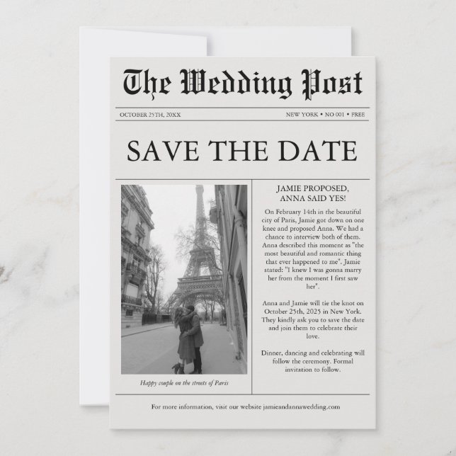 Convite Newspaper Unique Fun Photo Save the Date Wedding (Frente)