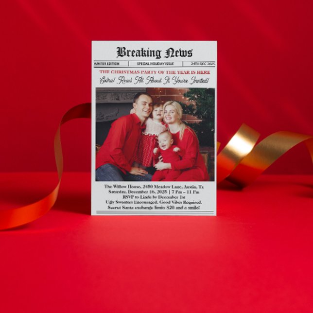 Convite Newspaper Vintage Christmas Party ( newspaper Christmas Party Invitation secret santa white elephant exchange favorite things party)