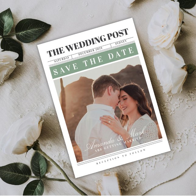 Convite Newspaper Wedding Black and white Save the Date (Criador carregado)