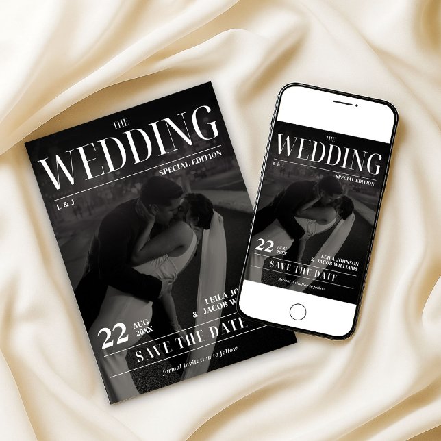 Convite Newspaper Wedding Save the Date Modern Magazine (Newspaper Wedding Save the Date Modern Magazine Invitation, Photo Wedding Invite, Magazine Cover)