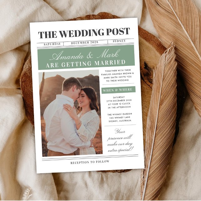 Convite Newspaper Wedding Unique Fun Black and white (Criador carregado)