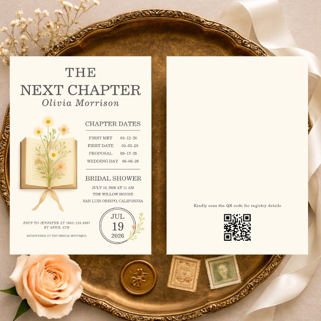 Convite Next Chapter Begins QR Code Bridal Shower (Criador carregado)