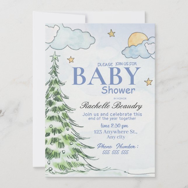 Convite Night Christmas tree baby shower (Frente)