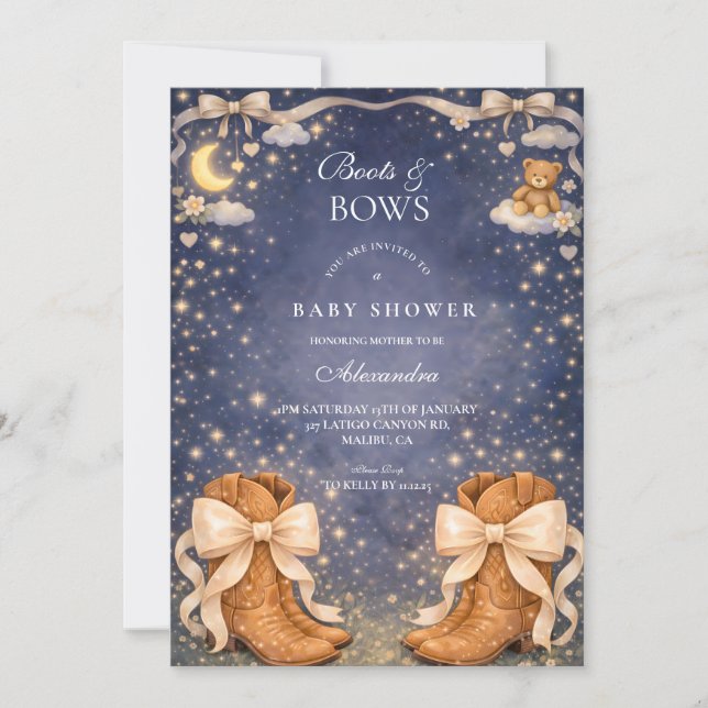 Convite Night Sky Boots And Bows Baby Shower (Frente)