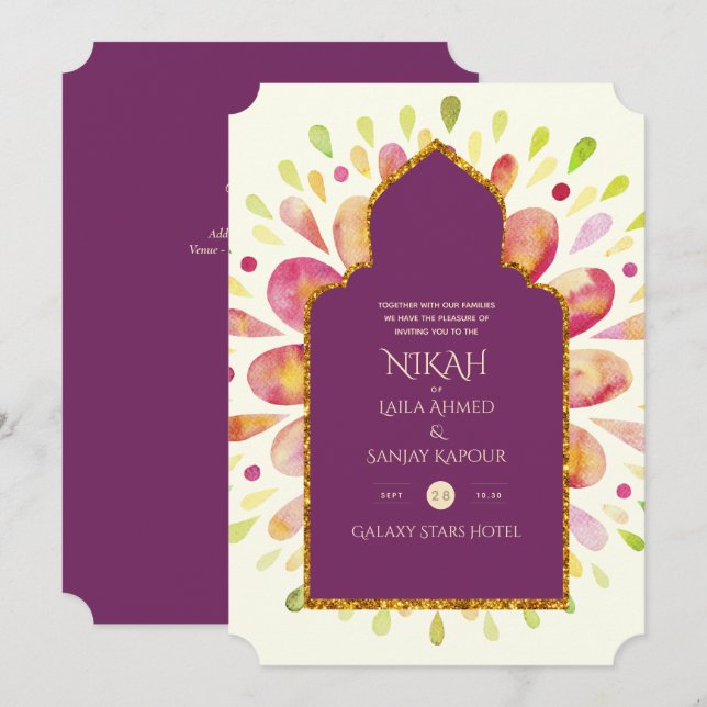 Convite NIKAH - Casamento Dourado de Mandala Berry Moderno (Frente/Verso)