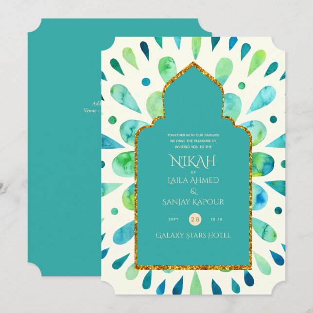 Convite NIKAH - Casamento Dourado de Mandala Turquoise Mod (Frente/Verso)