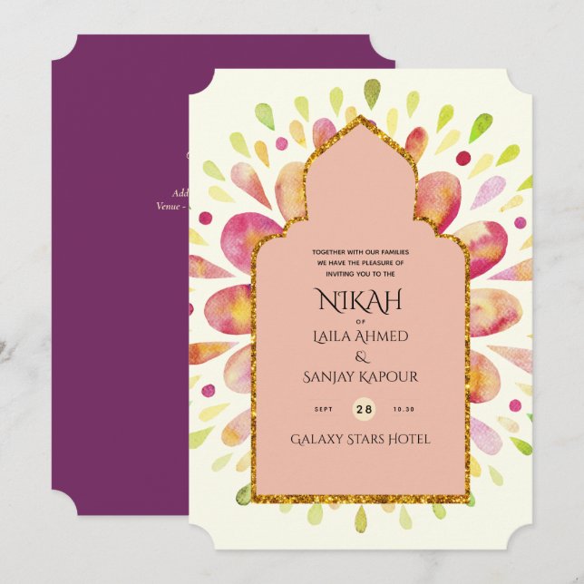 Convite NIKAH - Moderno Mandala Berry Dourado Casamento Co (Frente/Verso)