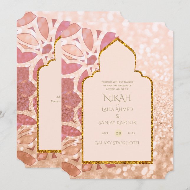 Convite NIKAH - Ornamentado Rosegold, Casamento Dourado Ro (Frente/Verso)