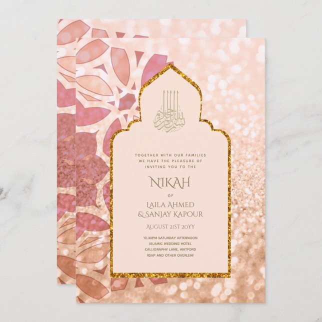 Convite NIKAH - Ornamentado Rosegold, Casamento Dourado Ro (Frente/Verso)