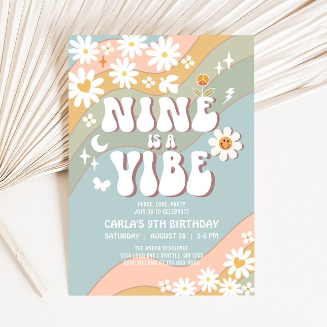 Convite NINE é um Aniversário Retro dos Anos 70 com Vibe d (Criador carregado)