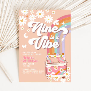Convite Nine é um Vibe Groovy Pink Daisy 9º Aniversário