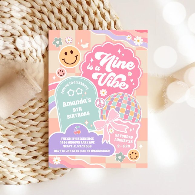 Convite Nine Is A Vibe Cloud Rainbow Disco 9th Birthday  (Criador carregado)