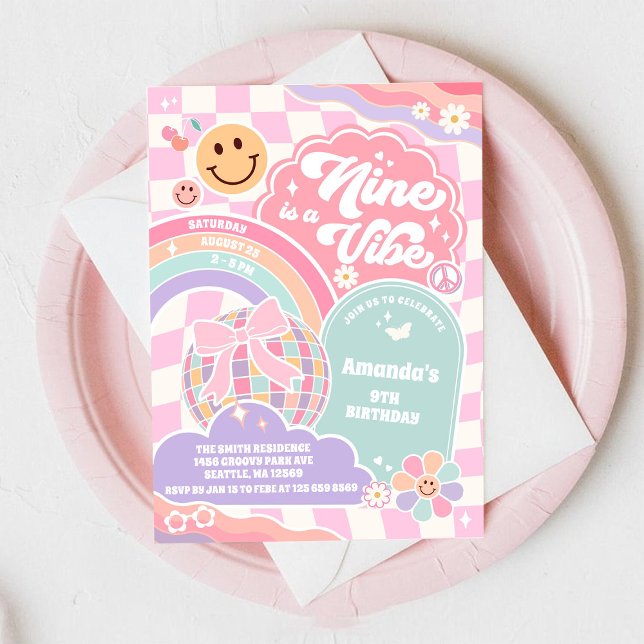 Convite Nine Is A Vibe Groovy Rainbow Disco 9th Birthday  (Criador carregado)