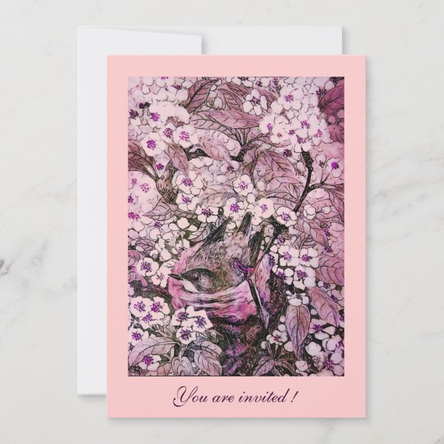 CONVITE NINHO DE PÁSSARO, ÁRVORE COM FLORES ROSADAS BRANCA (Frente)