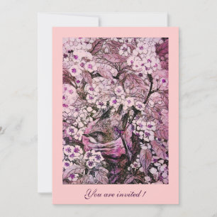 CONVITE NINHO DE PÁSSARO, ÁRVORE COM FLORES ROSADAS BRANCA