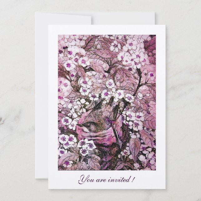 CONVITE NINHO DE PÁSSARO, ÁRVORE COM FLORES ROSADAS VERMEL (Frente)