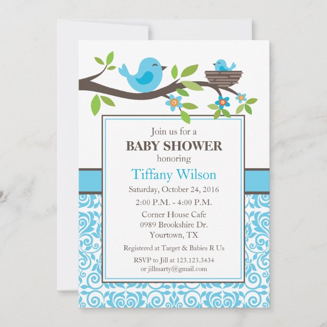 Convite Ninho de Pássaros Churrasco de Bebê em Azul (Frente)