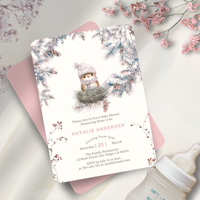 Convite Ninho do Pássaro Rosa-Rosa Neves-Neve (Snowy Woodland Dusty Pink Bird's Nest Baby Shower Invitation)
