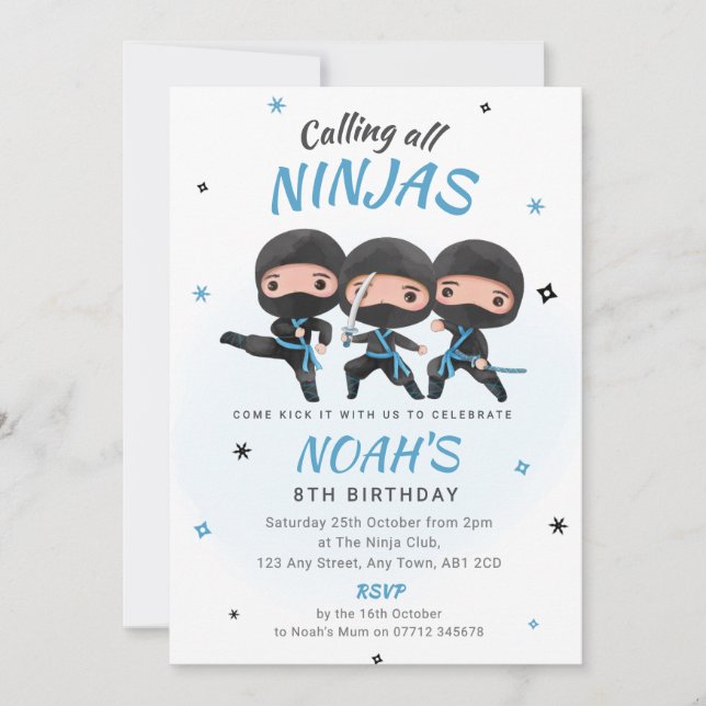 Convite Ninja Birthday Invitation - Blue Karate Party (Frente)