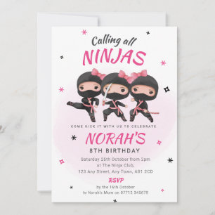 Convite Ninja Birthday Invoca Meninas Rosa Partido Karate