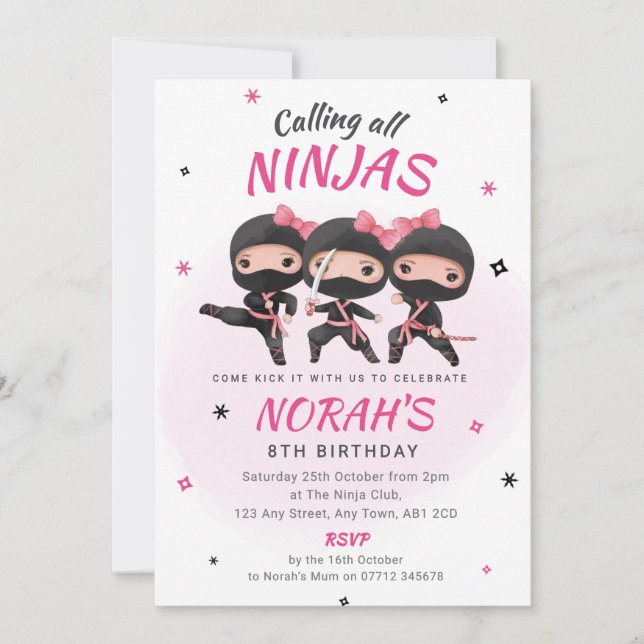 Convite Ninja Birthday Invoca Meninas Rosa Partido Karate (Frente)