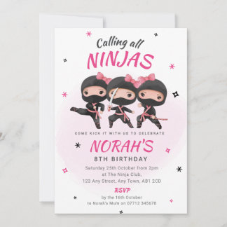 Convite Ninja Birthday Invoca Meninas Rosa Partido Karate