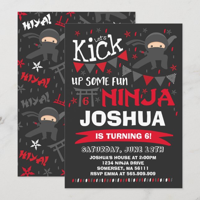 Convite Ninja Birthday Invocando Festa de aniversário Kara (Frente/Verso)