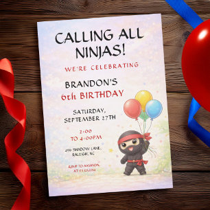 Convite Ninja Fofo Segurando Balões Coloridos Aniversário