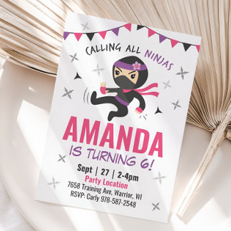 Convite Ninja Girl Birthday Invation, Bela Caratela Rosa