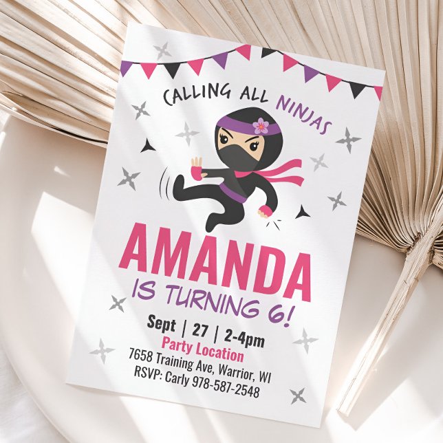 Convite Ninja Girl Birthday Invation, Bela Caratela Rosa (Girl Ninja Birthday Invitation)