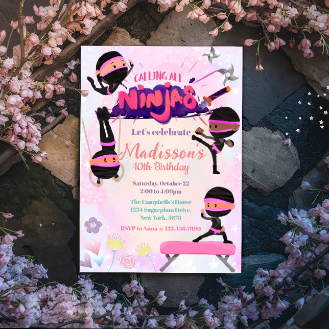 Convite Ninja Girl Birthday Marcial Artes (Criador carregado)