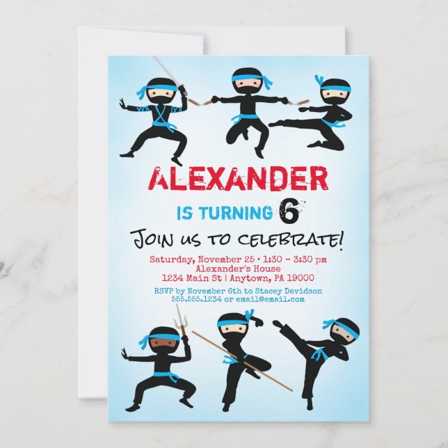 Convite Ninja Invitation Ninja Boy Birthday Invite (Frente)
