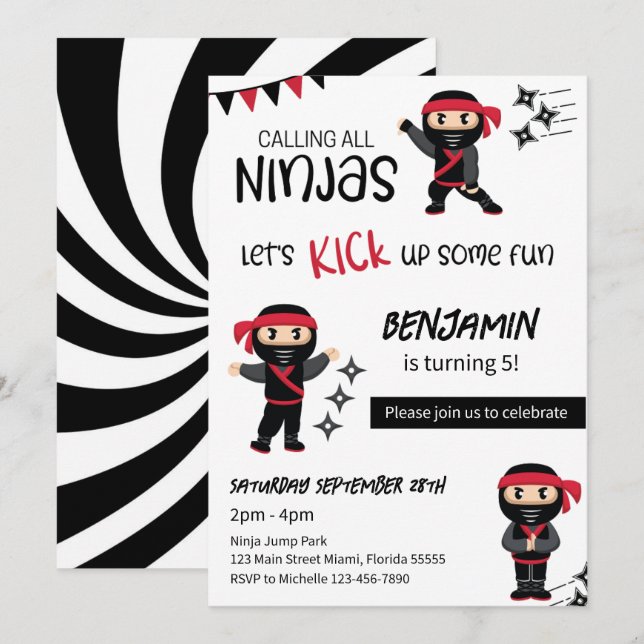 Convite Ninja Theme Birthday, guerreiro de artes marciais (Frente/Verso)