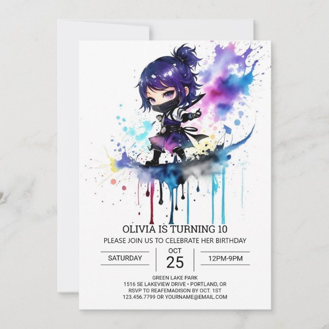 Convite Ninja Watercolor Girly Birthday (Frente)