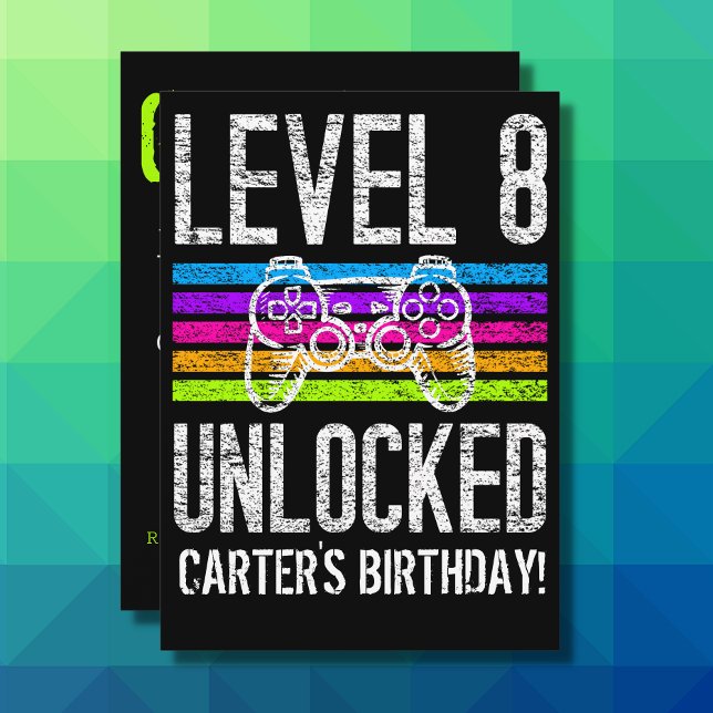 Convite Nível 8 Desbloqueado 8º Aniversário Gamer Personal (Criador carregado)