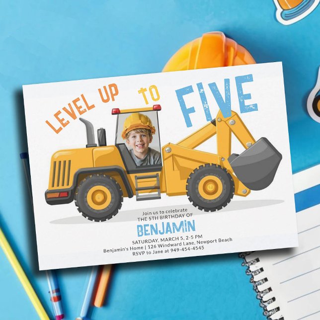 Convite Nível de Bulldozer de Construção Foto5 no Nível Su (photo construction invitation 5th birthday five fifth boys bulldozer vehicle theme personalized)