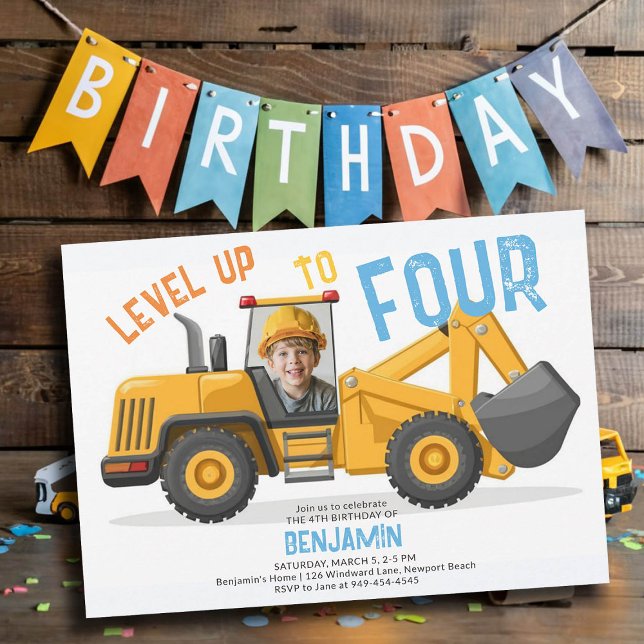 Convite Nível do Bulldozer de Construção Foto para Cima 4. (photo construction invitation 4th birthday four fourth boys bulldozer vehicle theme personalized)