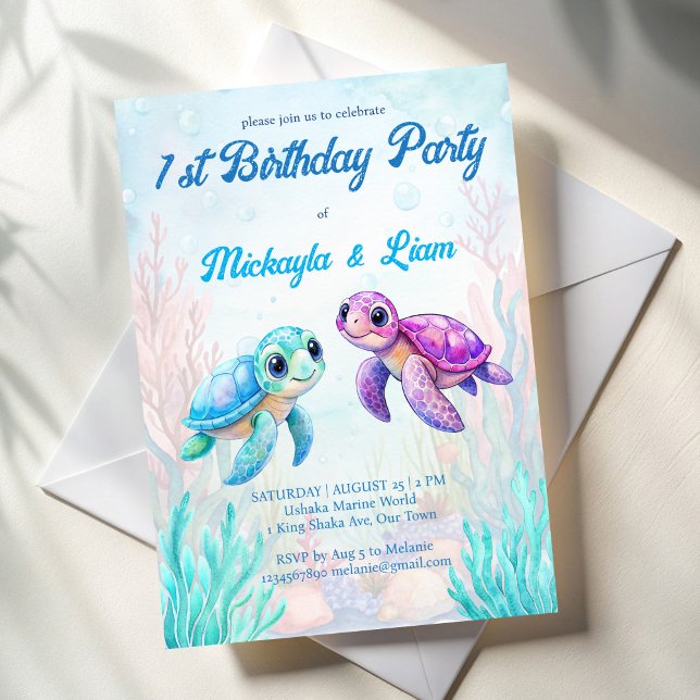 Convite No aniversário de gêmeos azuis da tartaruga aqua (Under the sea turtle aqua blue  purple twins birthday party invitation template)