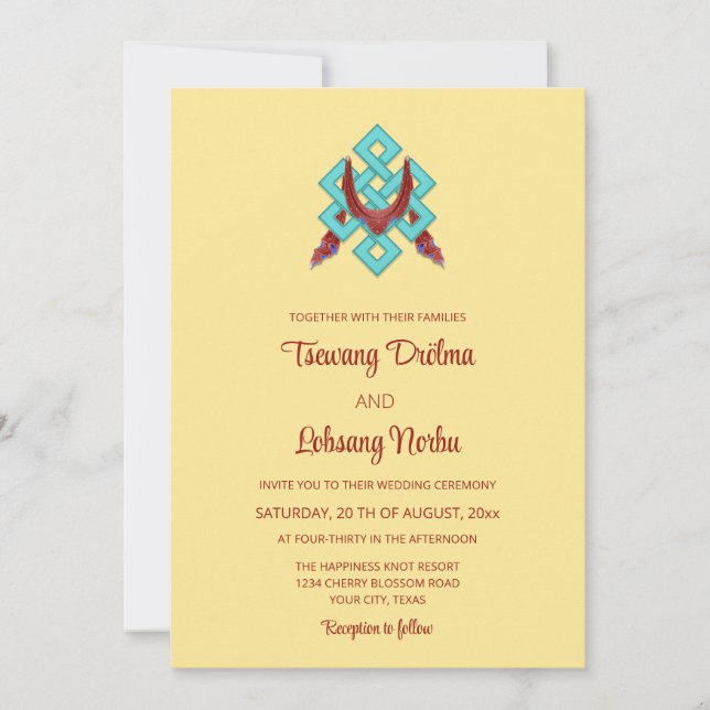 Convite Nó BILINGUAL Da Felicidade | Casamento Tibetano (Frente)